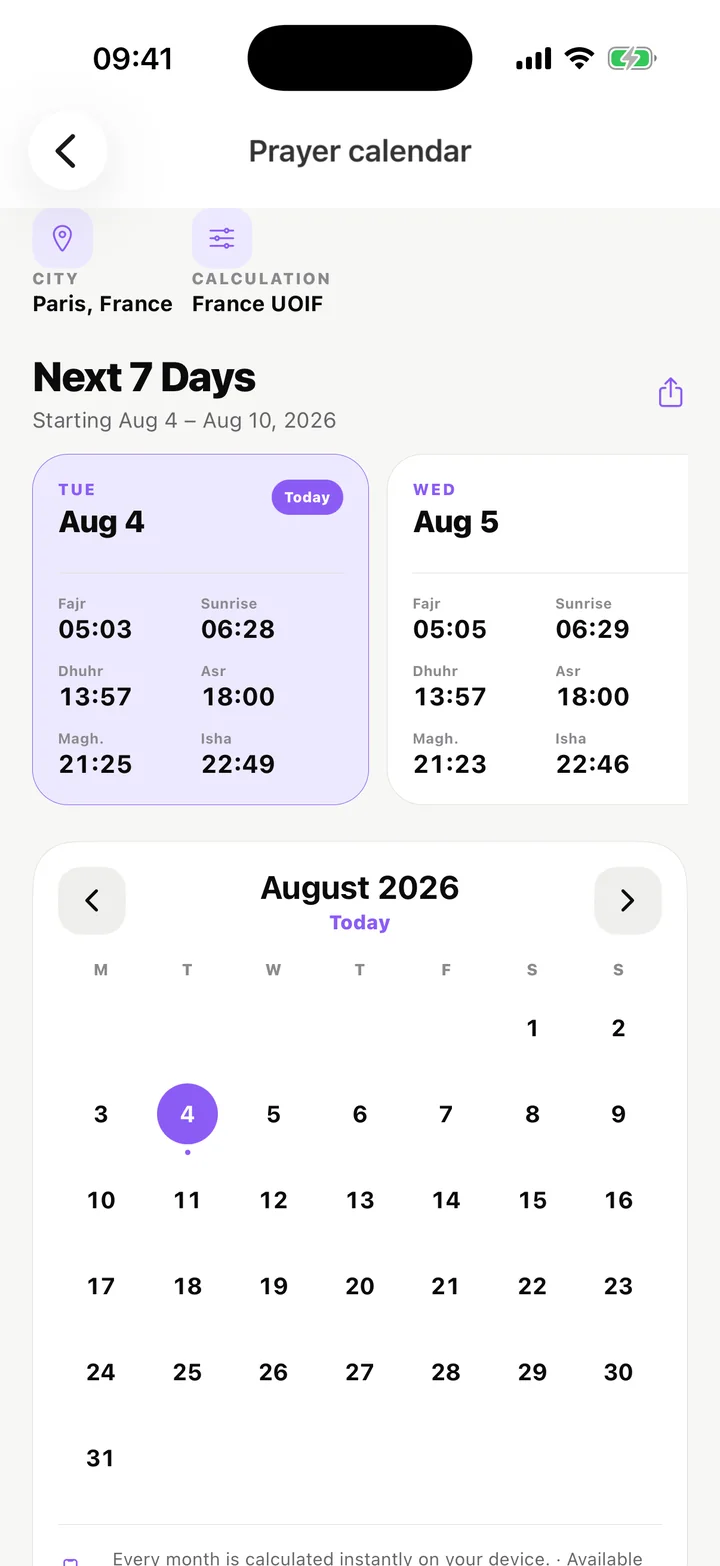 Calendrier mensuel des horaires de prière dans Muslimin