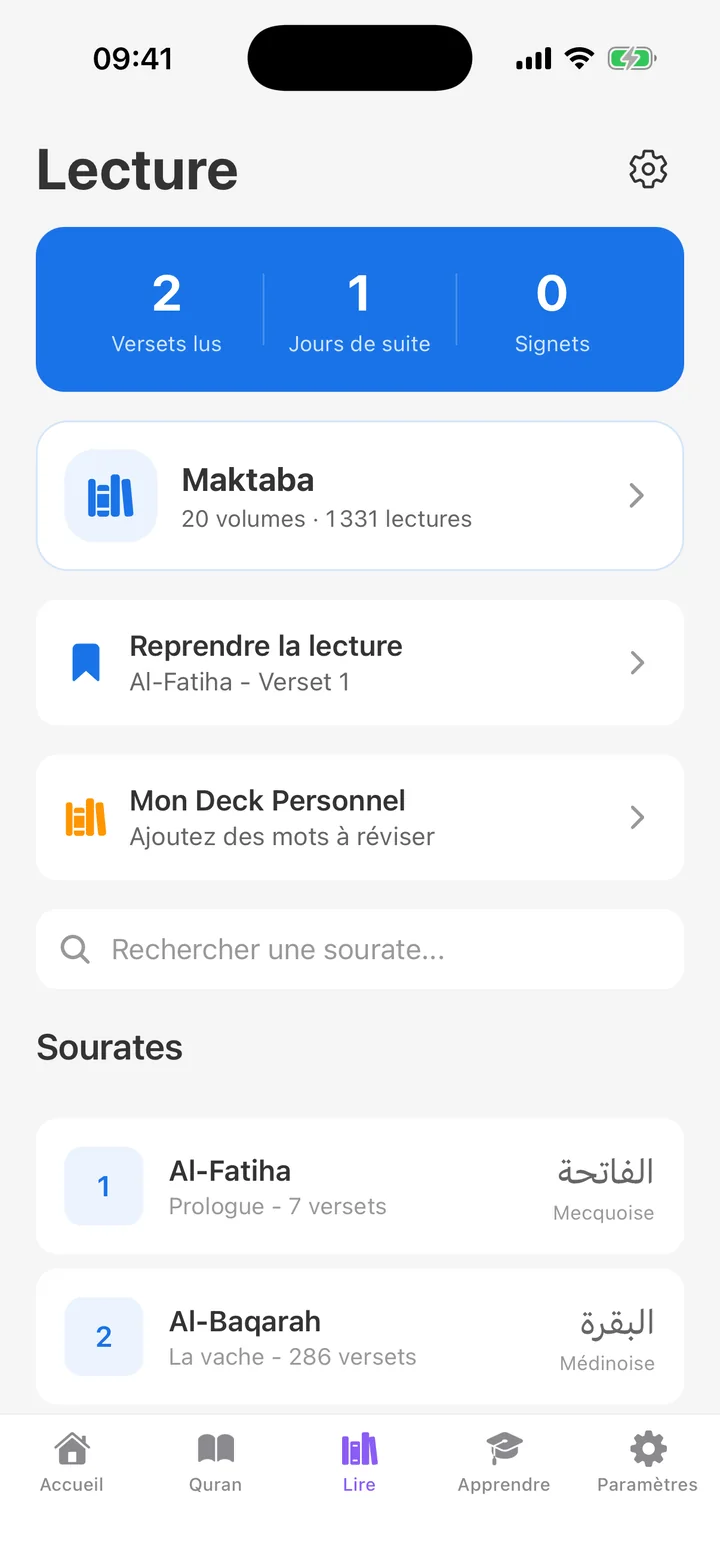Espace Lecture de Muslimin avec statistiques, Maktaba et liste des sourates
